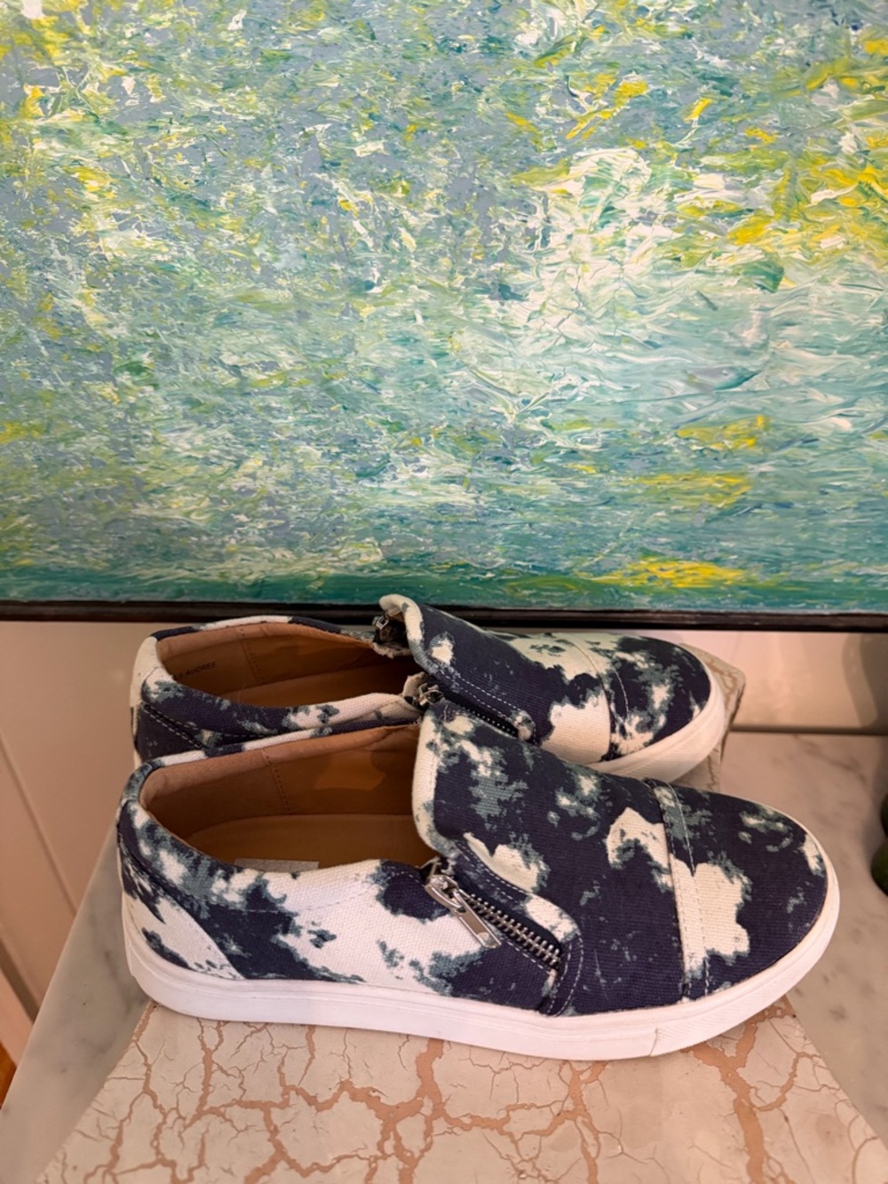 DV by Dolce Vita Audree Navy and White Tie-Dye Slip On Sneakers with Side Zipper